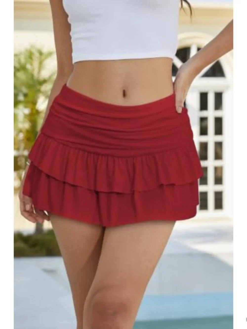 Y2K Ruffle Tiered Low Rise Mini Skirt with Built-In Shorts, High Stretch
